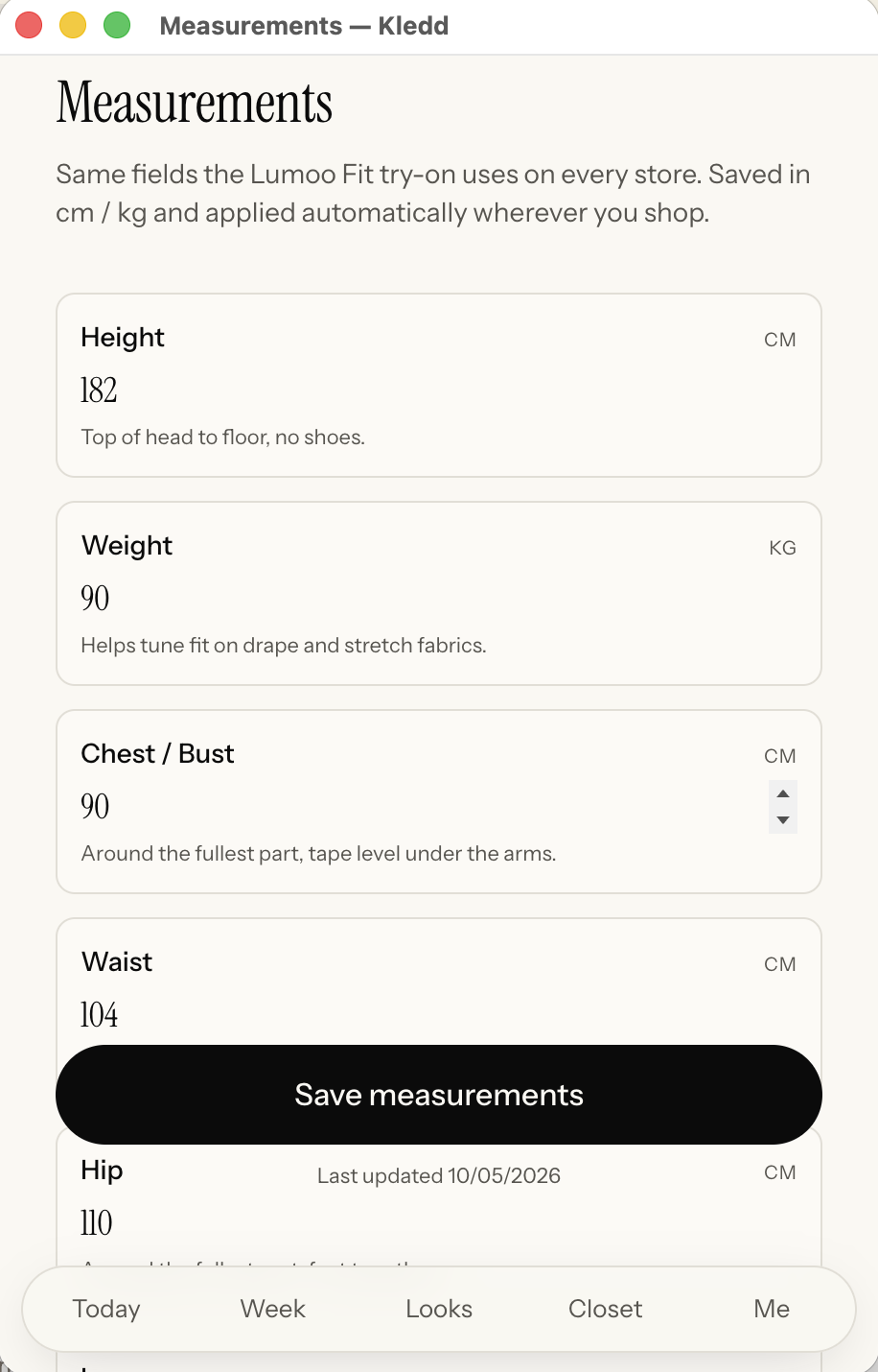 Kledd measurements screen with height, weight, chest, waist and hip fields, used for every try-on.