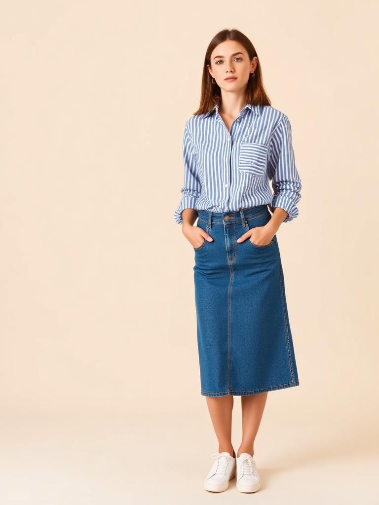Thu look — Striped shirt · denim skirt