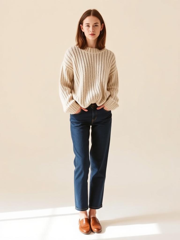 Tue look — Cream knit · indigo denim